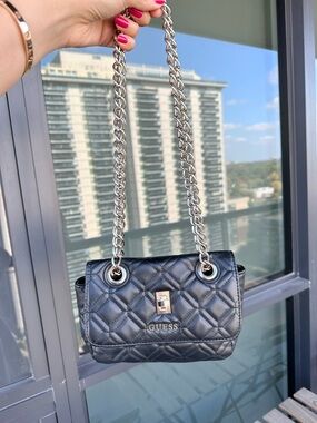 Guess Black Quilted Crossbody with Silver Chain
